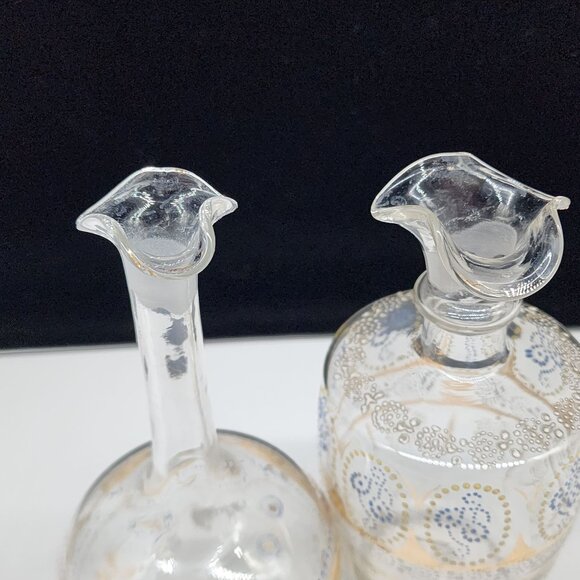 Bohemian Blown Glass Decanters Hand Painted Blue Enamel Gold Paint 7.5" - Picture 13 of 13